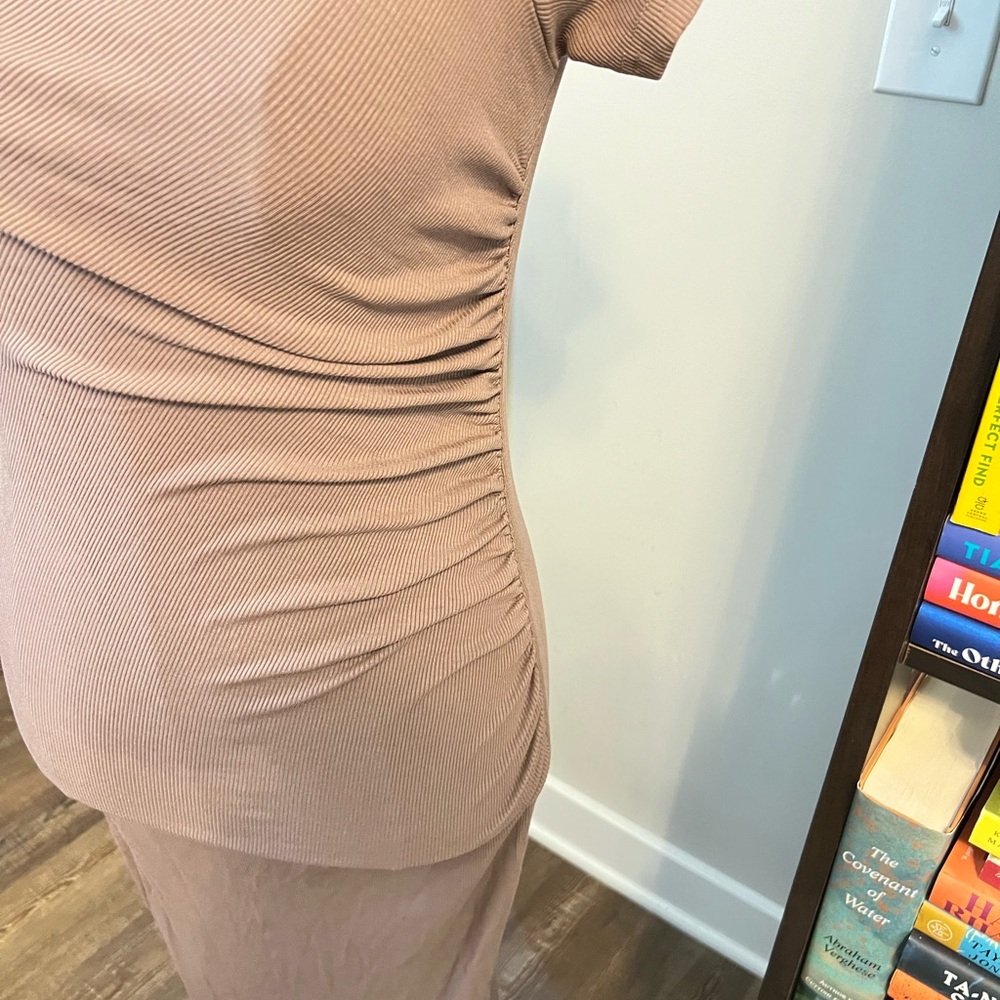 Tan Ruched Maxi Dress With Slits - Picture 4 of 7